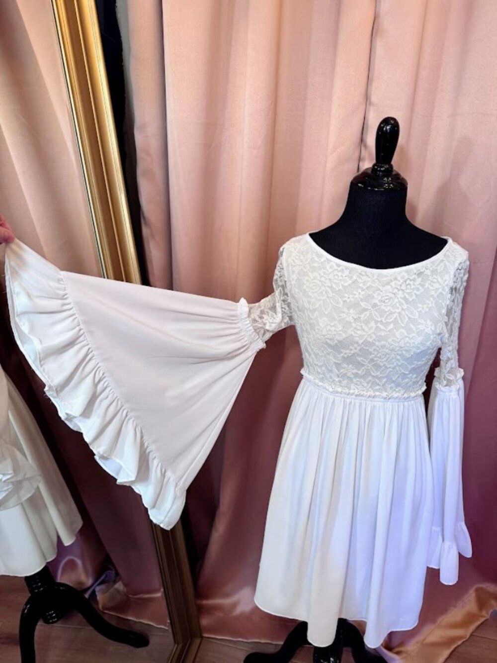 S White Lace Bell Sleeve Mini Babydoll Dress Boho Bridal Whimsigoth Coquette USA